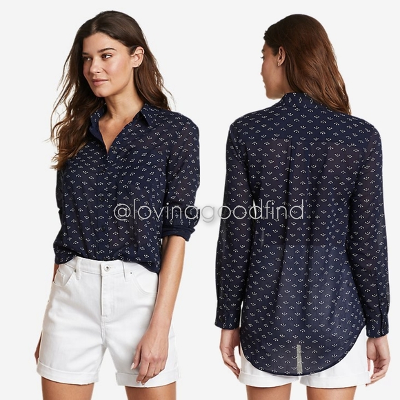 Eddie Bauer Navy Tree Print Classic Fit Long Sleeve Blouse EUC Like New sz 2X - Picture 1 of 7